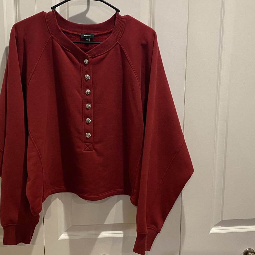 Express Rhinestone Button Henley Fleece Sweatshirt Crop boxy fit Size Large - Picture 2 of 10
